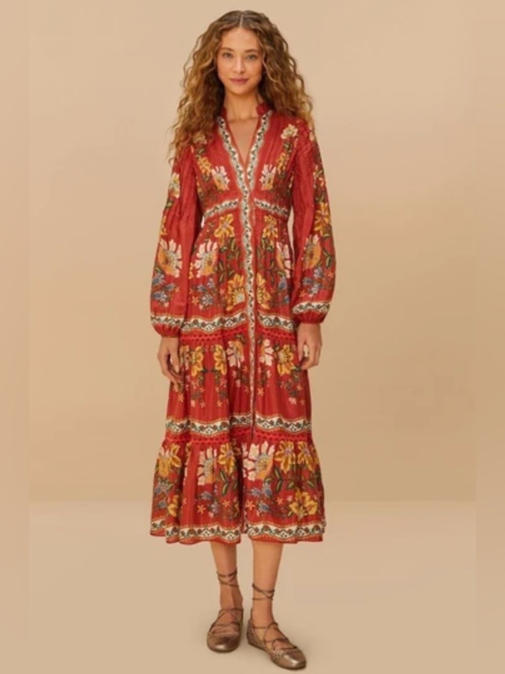 Farm Rio Red Garden Delight Long Sleeve Midi Dress size M runs small - Picture 2 of 13